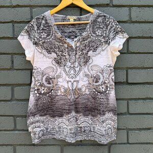 Energe World M Paisley Floral Rhinestone bedazzled t-shirt Hi-Low Burnout Sheer
